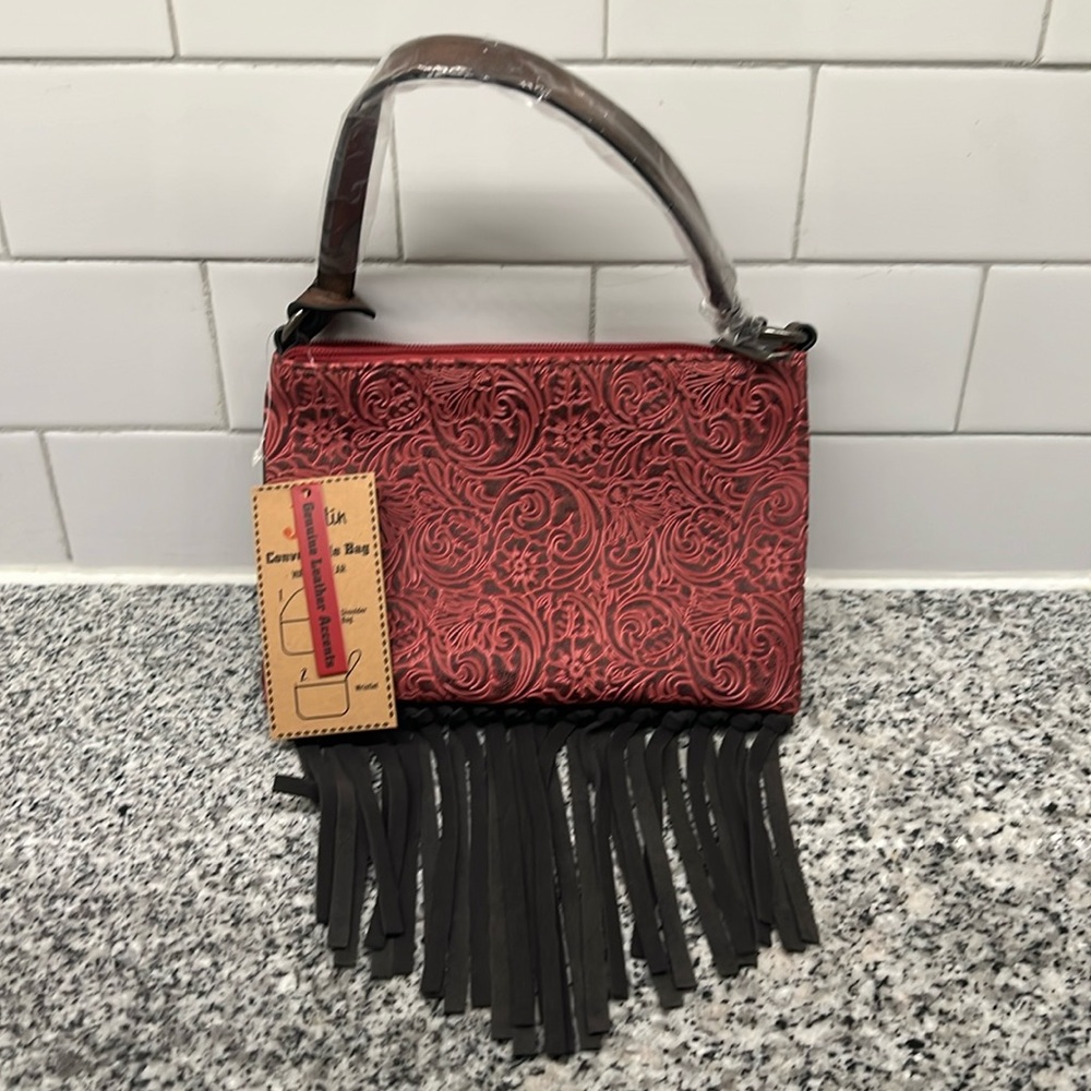 NWT….Justin Boots Red and Black Clutch with Fringe